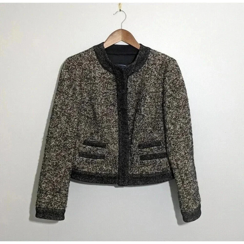 Magaschoni Black Brown Tweed Boucle Knit Blazer Coat Size 6 Wool Silk Mohair